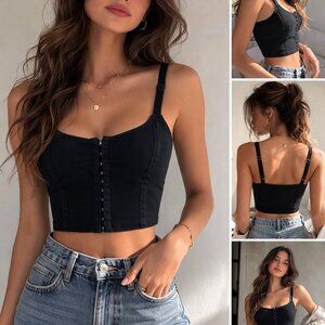 Hollister California Crop Tank Top Corset SM Black Hook & Eye Closure Y2K